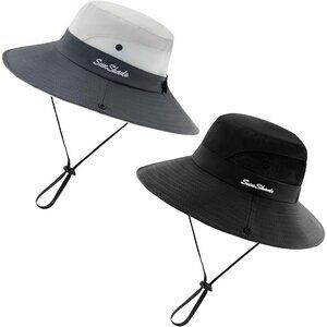 Unisex Beige & Black Set of 2 Wide Brim Mesh Vent Chin Strap Classic Cowboy Hat